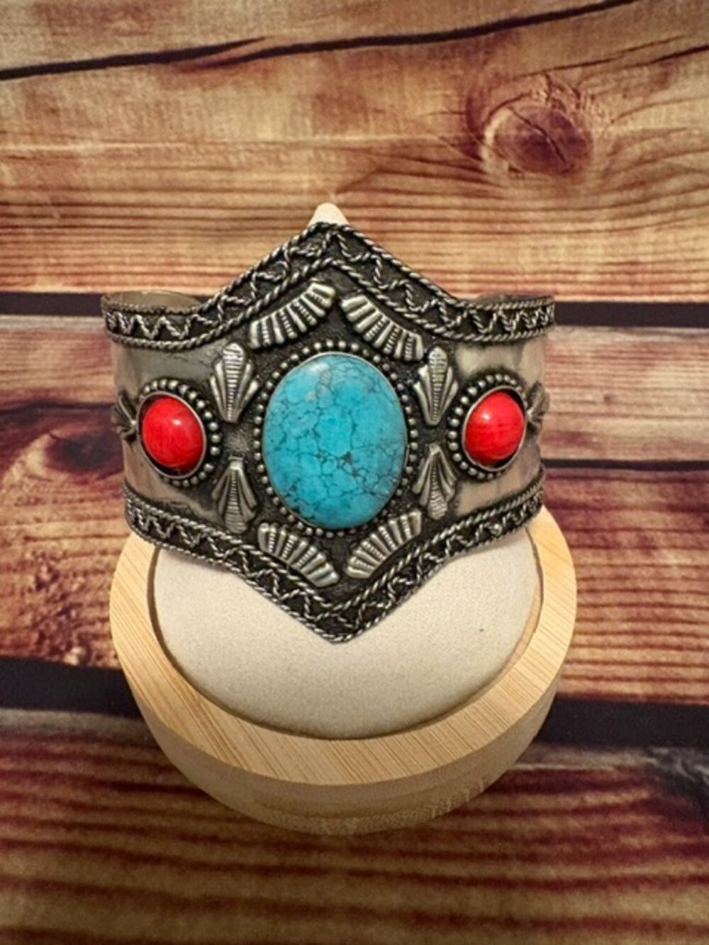 Myra Bag Timeless Beauty Silver Wrist Cuff Bracelet Turquoise & Red Stone NWT